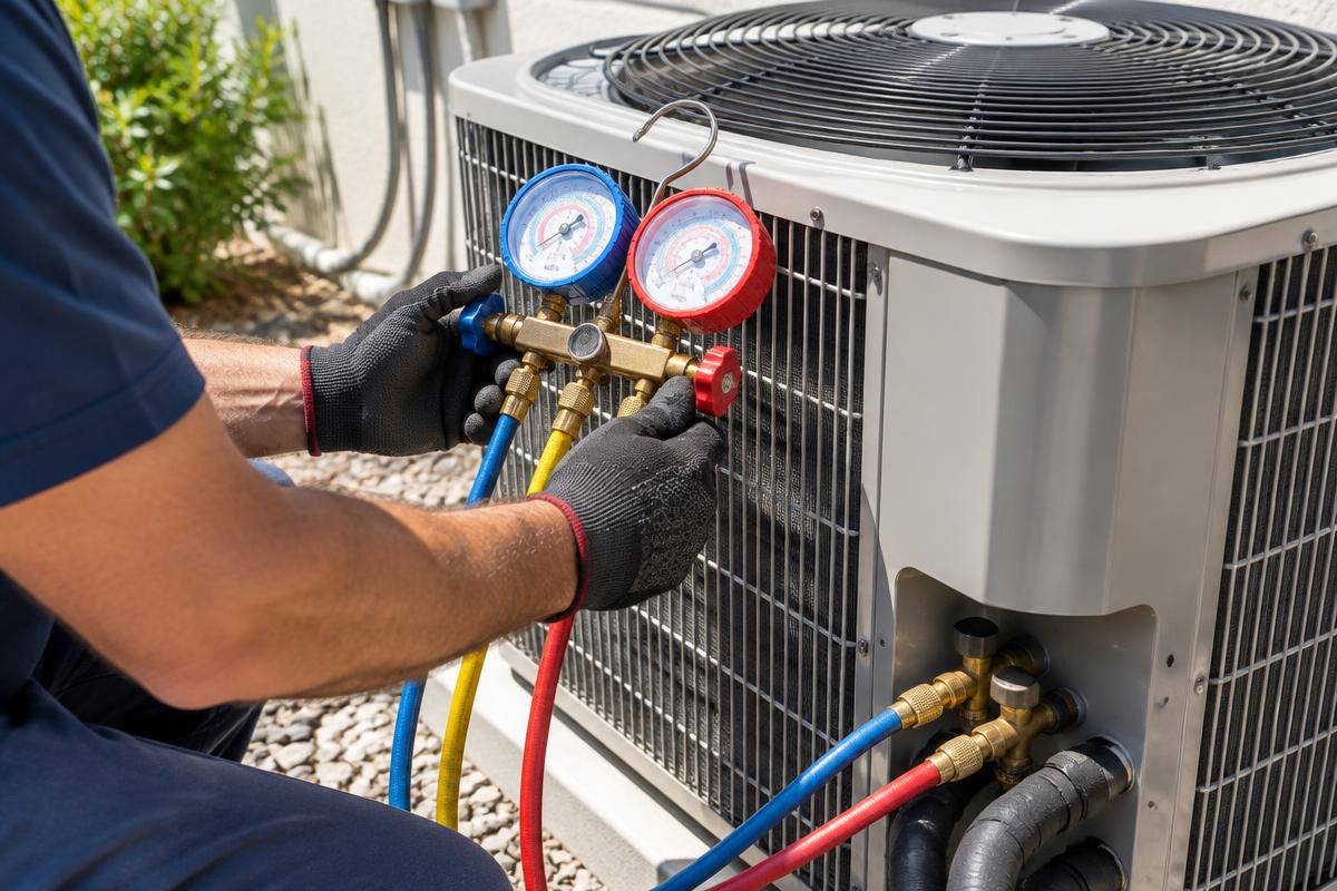 Representative photo: technician checking refrigerant pressures on an outdoor AC condenser