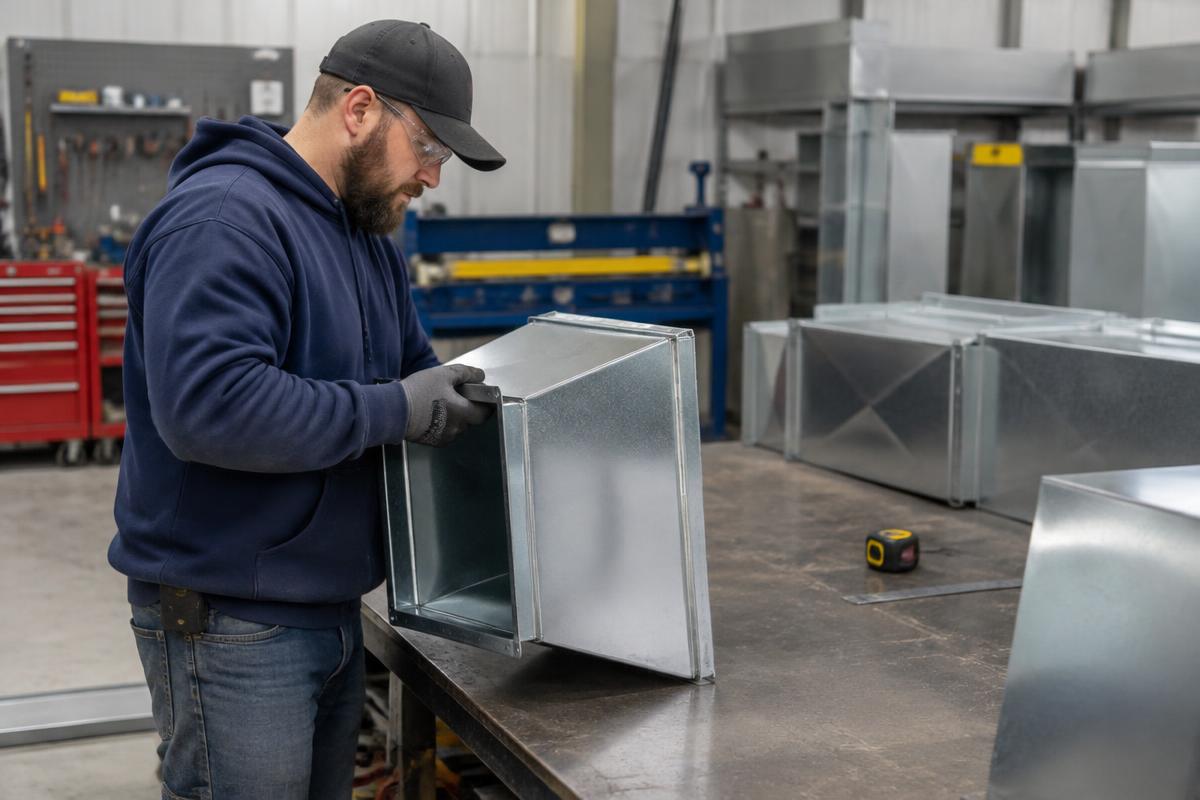 Representative photo: a technician fitting a custom galvanized sheet-metal duct transition in a workshop