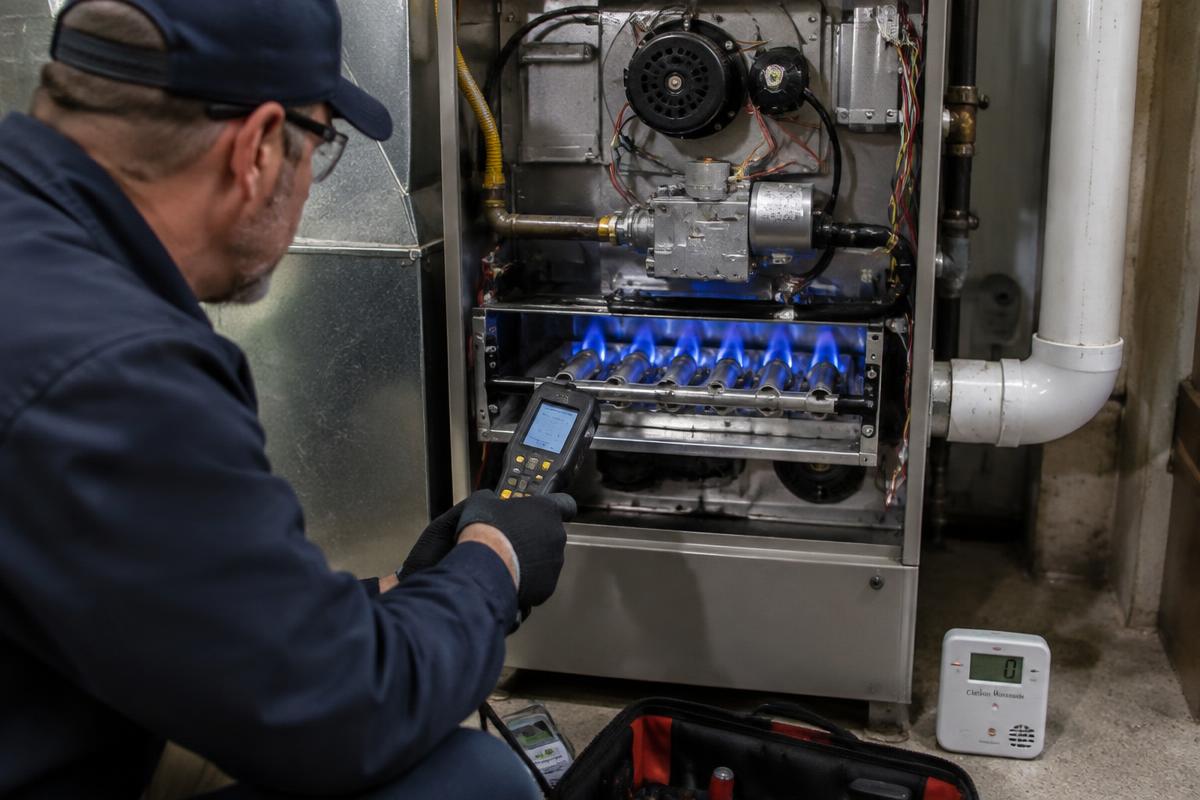 Representative photo: a technician checking a gas furnace's burners and controls during a tune-up visit