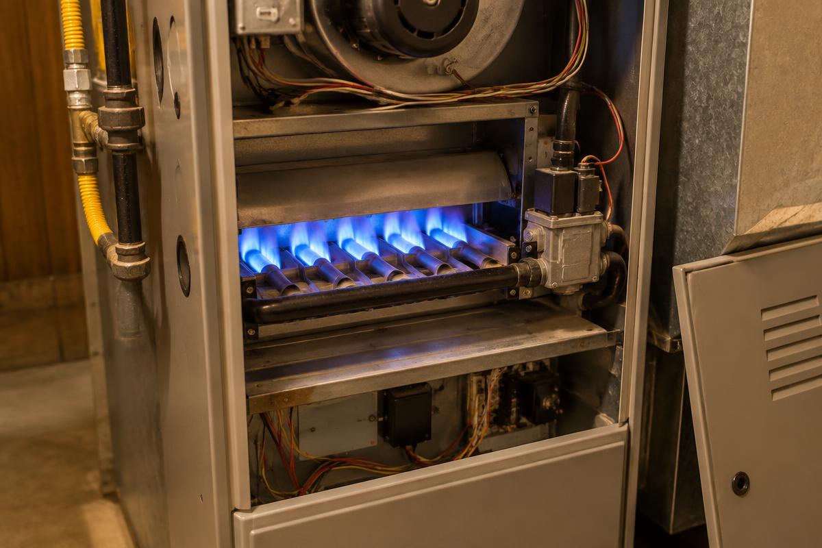 Representative photo: gas furnace burners with blue flames and the service panel open