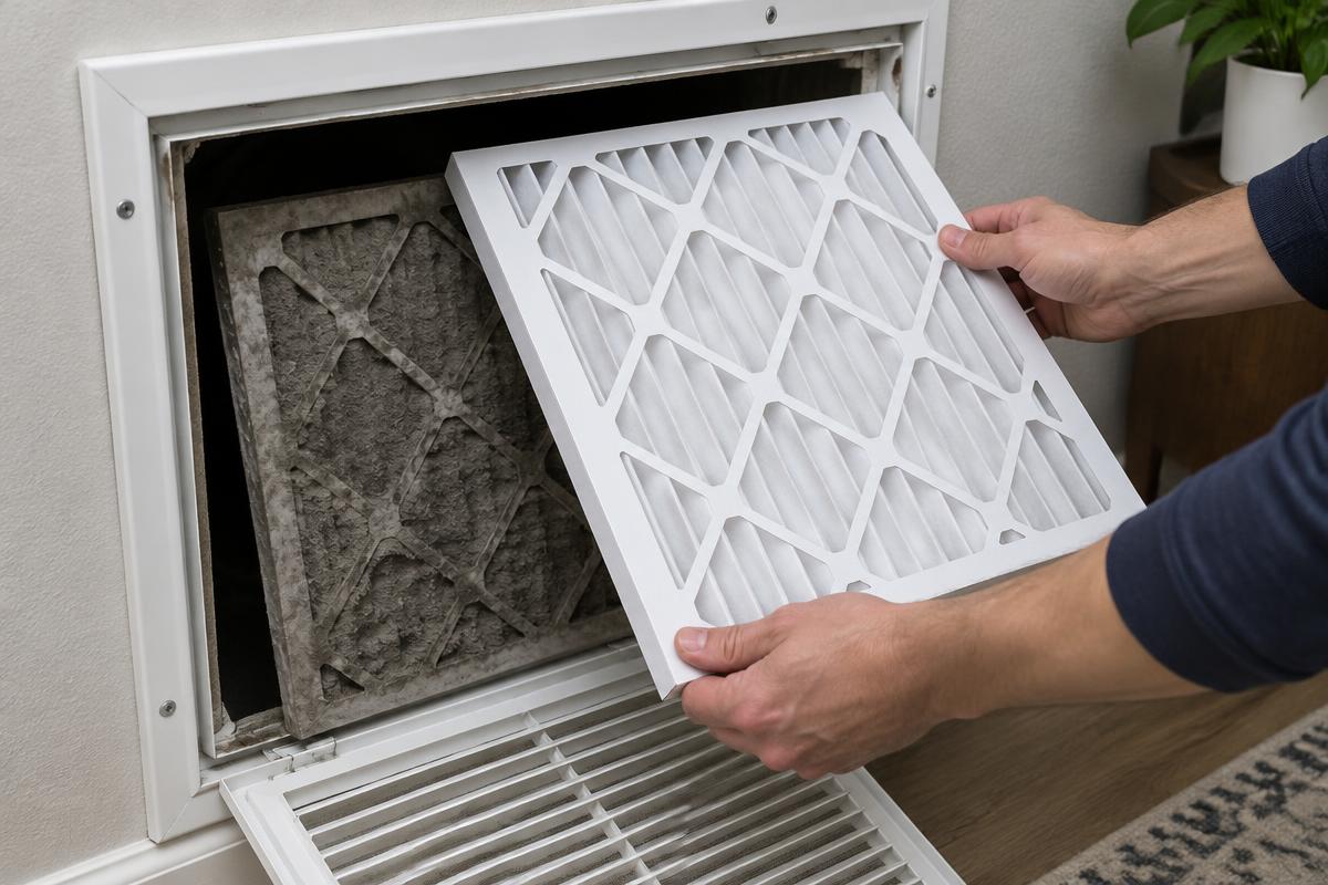 Representative photo: replacing a dirty HVAC air filter with a clean one